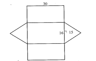 Bên dưới là hình khai triển của hình lăng trụ đứng tam giác. Tính thể tích của hình lăng trụ. (ảnh 1)