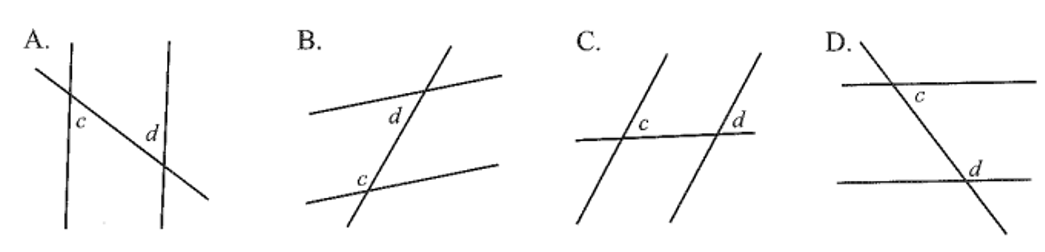 Cặp góc c, d là cặp góc so le trong đối với trường hợp nào dưới đây. (ảnh 1)