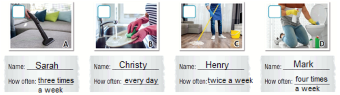 Now, listen and write in the name of the family member that does the chore and how often (ảnh 2)