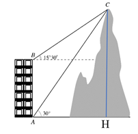 Từ hai vị trí A và B của một tòa nhà, người ta quan sát đỉnh C của ngọn núi. Biết rằng (ảnh 2)