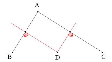 Trong tam giác ABC hai đường trung trực của hai cạnh AB và AC cắt nhau tại D nằm trên cạnh C. (ảnh 1)