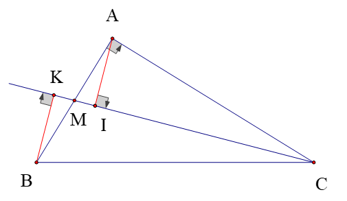 Cho tam giác ABC vuông tại A, M là trung điểm của AB. Vẽ AI vuông góc MC tại I, BK vuông góc MC tại K (ảnh 1)