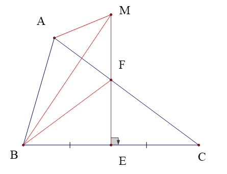 Cho tam giác ABC (AB < AC). Đường trung trực của BC cắt BC tại E và cắt AC tại F. (ảnh 1)