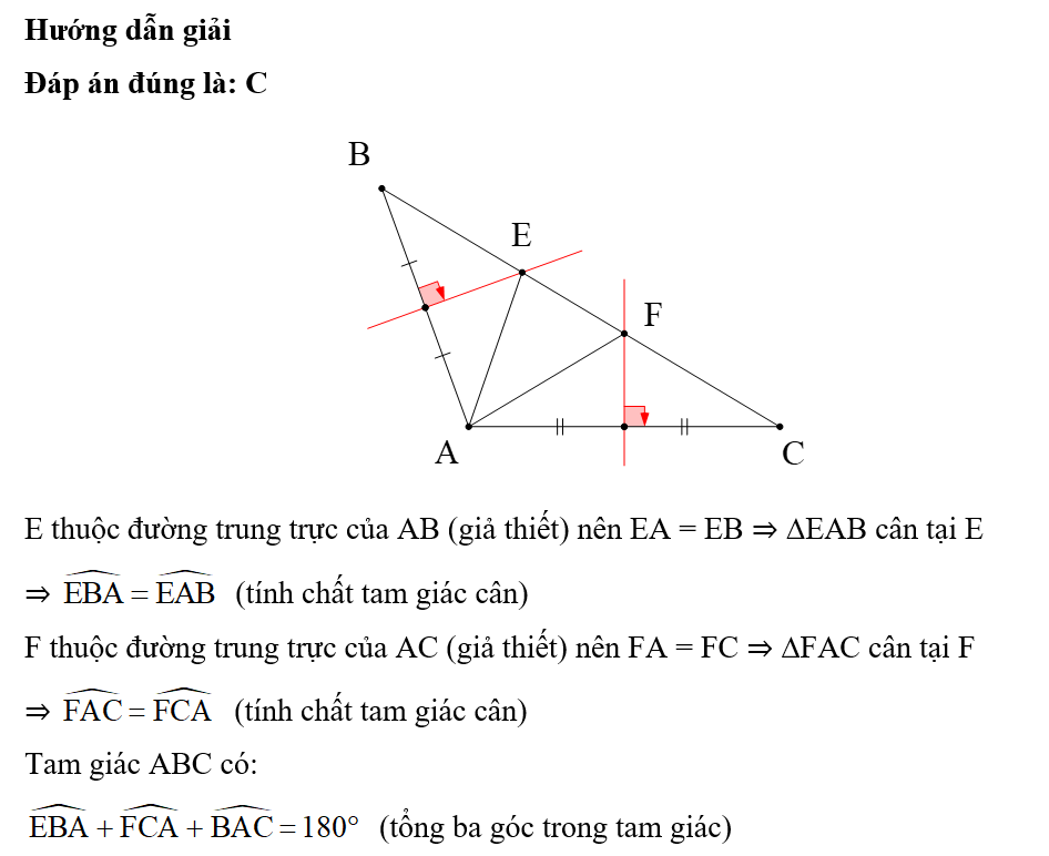 Cho tam giác ABC có góc A=118 độ, các đường trung trực AB và AC cắt cạnh BC theo thứ tự (ảnh 1)