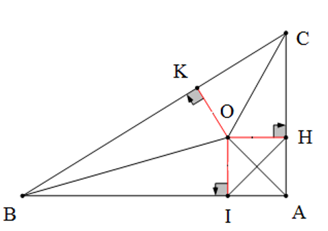 Cho tam giác ABC vuông tại A. Ba đường phân giác của tam giác cắt nhau tại O. (ảnh 1)