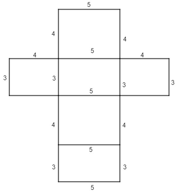 Vẽ hình khai triển của hình hộp chữ nhật có chiều dài ba cạnh là 3, 4, 5 (đơn vị ô li). (ảnh 1)