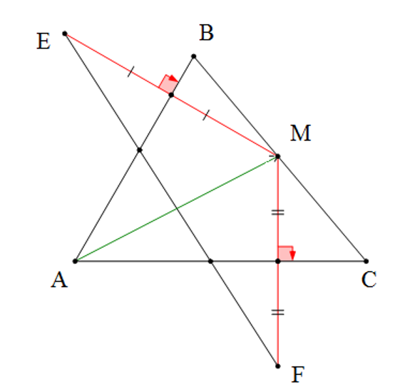Cho tam giác ABC có góc A=60 độ. M là điểm nằm giữa B và C. Vẽ điểm E sao cho AB là trung trực (ảnh 1)