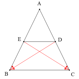 Cho tam giác ABC cân tại A. Tia phân giác của góc B và góc C cắt cạnh AC, AB lần lượt ở D và E. (ảnh 1)