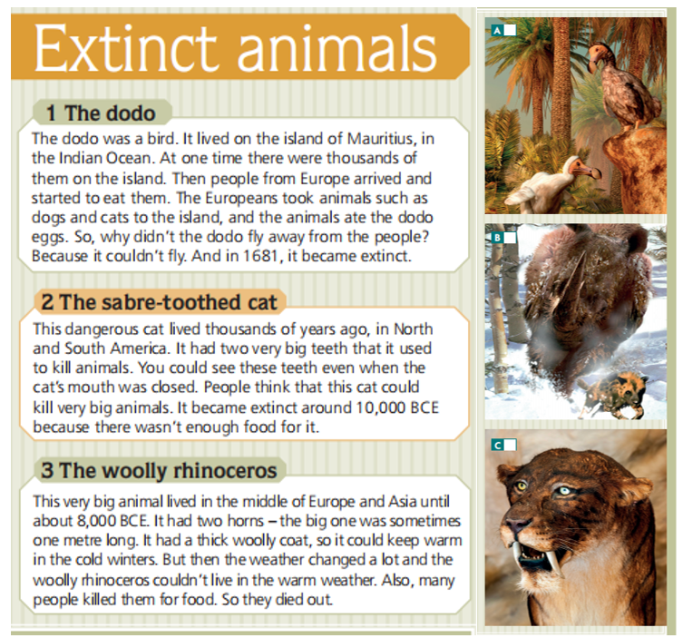 Look at the pictures. These animals don't exist today; they're extinct.  Match them with
