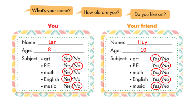 Fill in the school form. Ask, write, and circle. (Điền vào mẫu đơn của trường. Hỏi, viết và khoanh tròn) (ảnh 2)