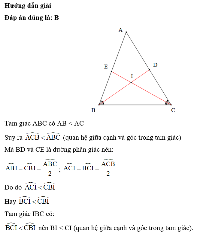 Cho tam giác ABC có AB < AC. Đường phân giác BD và CE cắt nhau tại I. So sánh đúng là (ảnh 1)
