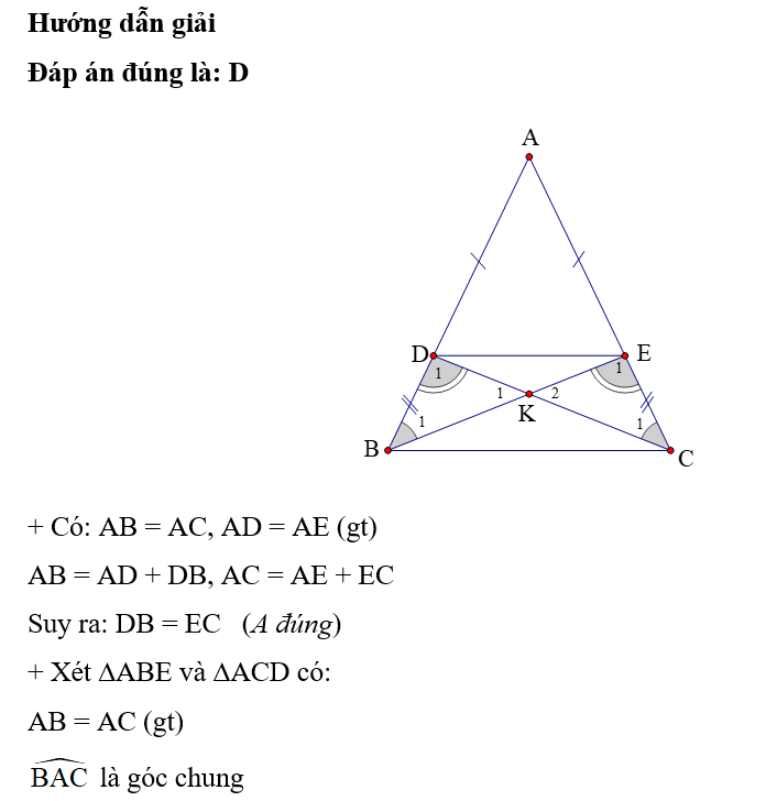 Cho tam giác ABC có AB = AC . Trên cạnh AB và AC lấy các điểm D, E sao cho AD = AE. (ảnh 1)
