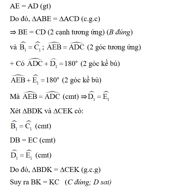 Cho tam giác ABC có AB = AC . Trên cạnh AB và AC lấy các điểm D, E sao cho AD = AE. (ảnh 2)