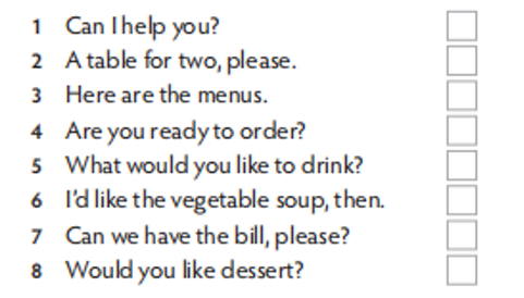 Who says these things in a restaurant? Write W (waiter/waitress) or C (customer) in the (ảnh 1)