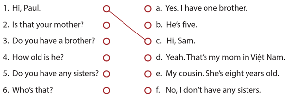 Match. Join the correct parts of the conversation. IN CLASS Practice with a partner (ảnh 1)