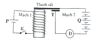 Trên hình vẽ mô tả nguyên tắc cấu tạo của một rơle điện từ. Trong đó mạch 1 gồm nam châm điện (ảnh 1)