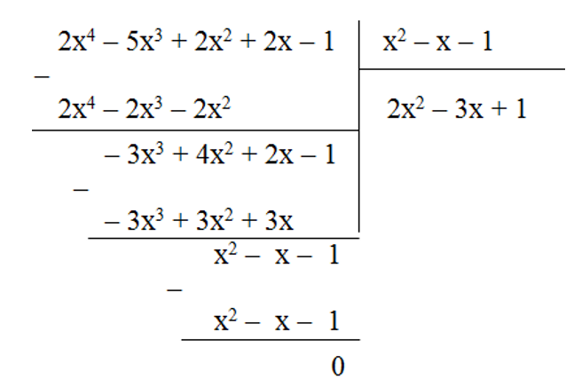 Bậc và hệ số tự do của đa thức P(x) = (2x^4 – 5x^3 + 2x^2 + 2x – 1) : (x^2 – x – 1) là (ảnh 1)