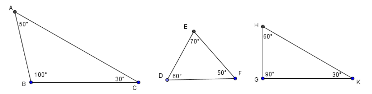 Cho các tam giác dưới đây (hình vẽ).   Tam giác tù là A. Tam giác ABC;  (ảnh 1)