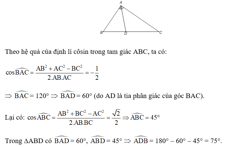 Tam giác ABC có AB = căn 6 - căn 2/ 2 , BC = căn 3 , CA = căn 2 . Gọi D là chân đường phân giác trong (ảnh 1)