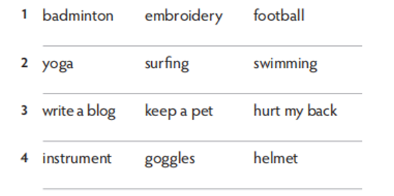 Circle the odd one out in each list. Explain your choice. (Khoanh chọn vào từ  (ảnh 1)