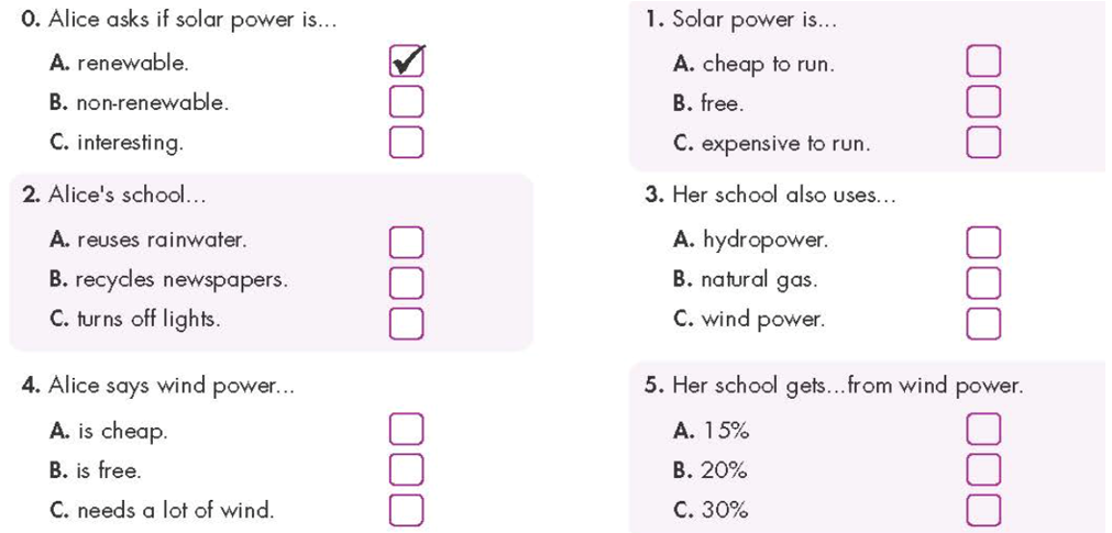 Listen to Steve talking to Alice about energy. For each question, choose the correct (ảnh 1)