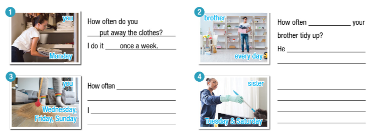 Look at the picture and fill in the blanks. Use adverbial phrases of frequency. (ảnh 1)