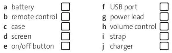 Match the parts of the gadgets 1 10 with the words below a j a battery b remote control (ảnh 2)