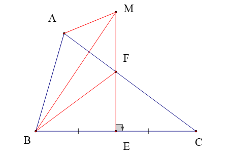 Cho tam giác ABC (AB < AC). Đường trung trực của BC cắt BC tại E và cắt AC tại  (ảnh 1)