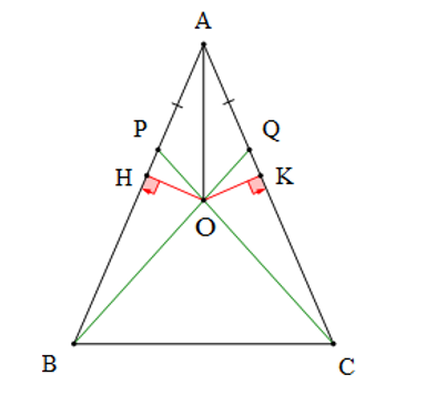 Cho tam giác ABC cân tại A, trên các cạnh AB, AC lần lượt lấy hai điểm P và Q sao cho AP = AQ (ảnh 1)