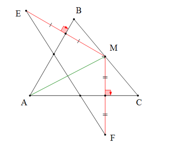 Cho tam giác ABC có góc A= 60 độ. M là điểm nằm giữa B và C. Vẽ điểm E sao cho AB (ảnh 1)