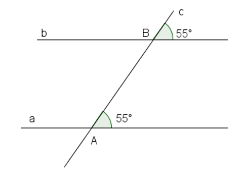 Giả thiết: “c cắt b tại B, c cắt a tại A và góc B= góc A=55 độ” (hình vẽ) là của định lí nào dưới đây? (ảnh 1)