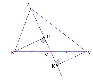 Cho tam giác ABC có M là trung điểm cạnh BC. Kẻ tia Ax đi qua M. Qua B, C lần lượt (ảnh 1)