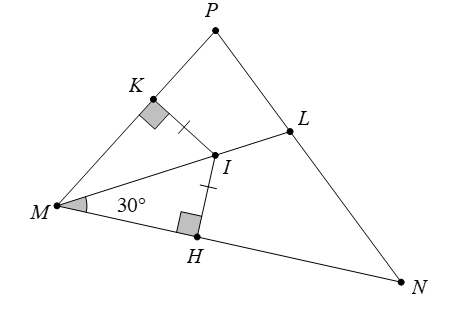 Cho tam giác MNP, góc NMi=30 độ. Góc PMN có số đo bằng (ảnh 1)