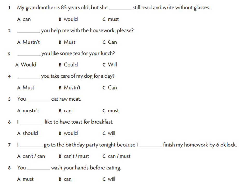 Choose the appropriate modal verbs. (Chọn động từ khuyết thiếu thích hợp.) (ảnh 1)