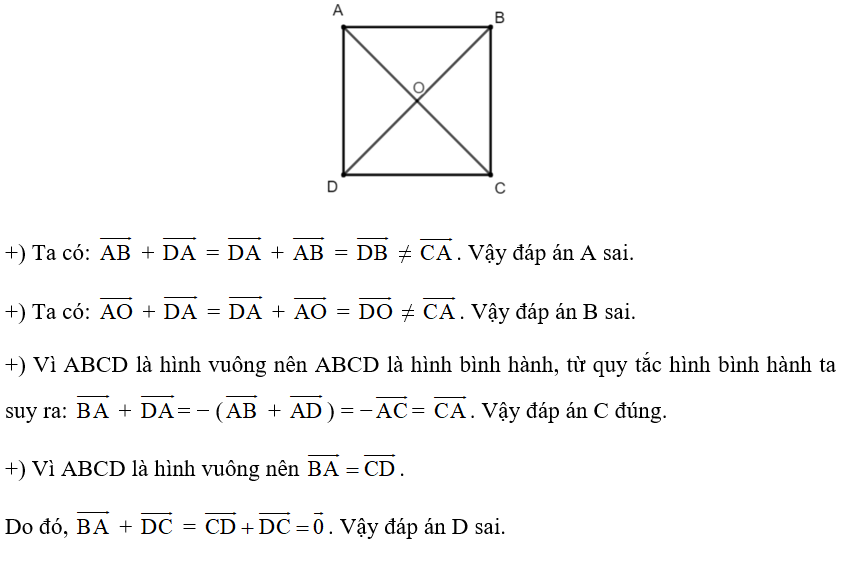 Cho hình vuông ABCD tâm O. Vectơ nào sau đây bằng vectơ CA (ảnh 1)