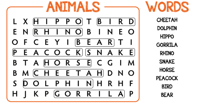 Do the word search and find the given animals. (Làm bộ tìm kiếm từ và tìm ra những con vật đã cho.) (ảnh 2)