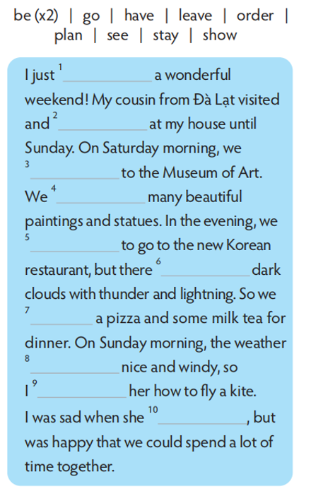 Mai Anh is writing about her last weekend. Complete the sentences. Use the words (ảnh 1)