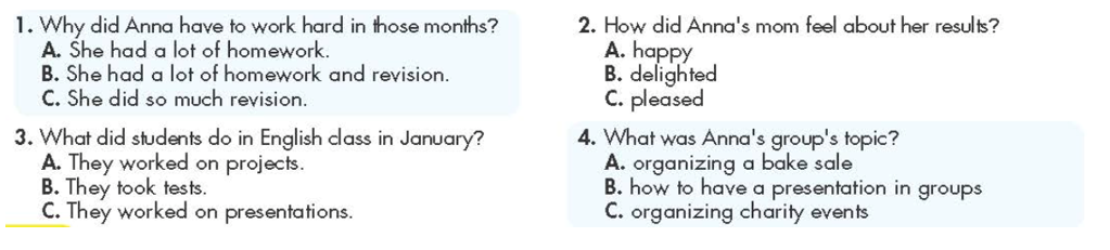 Read the article about Anna's school year. Choose the correct answer (A, B, or C). (ảnh 1)