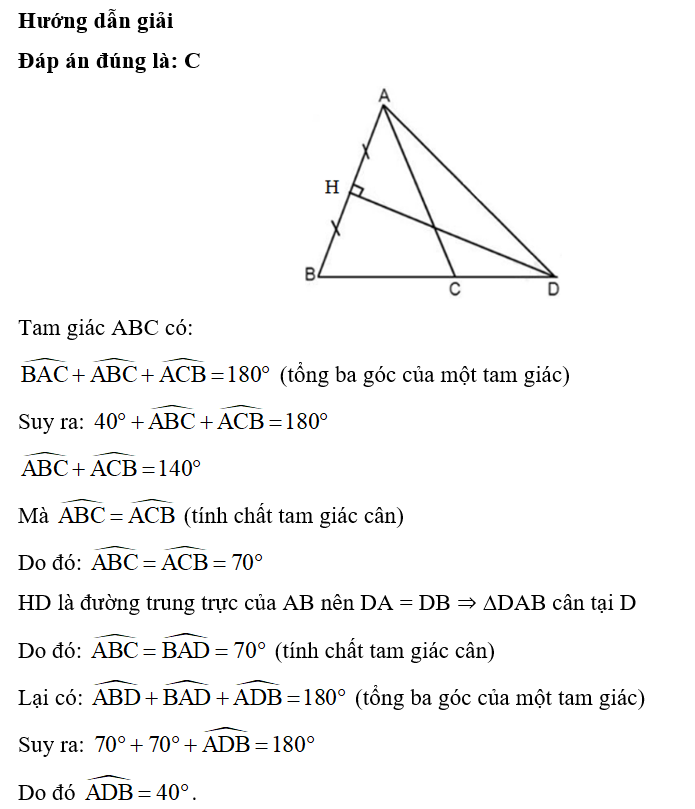 Cho tam giác ABC cân tại A có góc A bằng 40 độ. Đường trung trực của AB cắt AB tại H (ảnh 1)