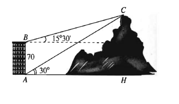 Từ hai vị trí A và B của một toà nhà, người ta quan sát đỉnh C của ngọn núi. Biết rằng độ cao AB = 70 m (ảnh 1)