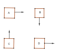 Cho 4 vật A, B, C, D nằm trên một mặt phẳng như hình vẽ. Người ta tác động lực lên 4 vật theo các hướng (ảnh 1)