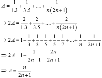 Tính giới hạn: lim [1/1.3 + 1/3.5 + ... + 1/n(2n+1)] A. 1 B. 0 C. 2/3 D. 2 . Chọn B Đặt A = 1/1.3 + 1/3.5 + ... + 1/n(2n+1) (ảnh 2)