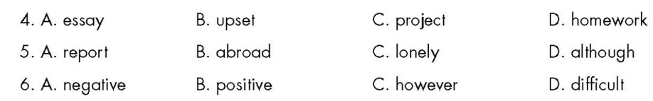 Circle the word that differs from the other three in the position of primary stress in each (ảnh 1)