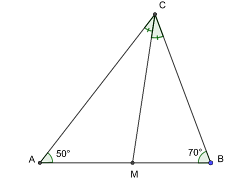 Cho hình vẽ dưới đây biết CM là tia phân giác của góc ACB. Số đo góc ACM là (ảnh 1)