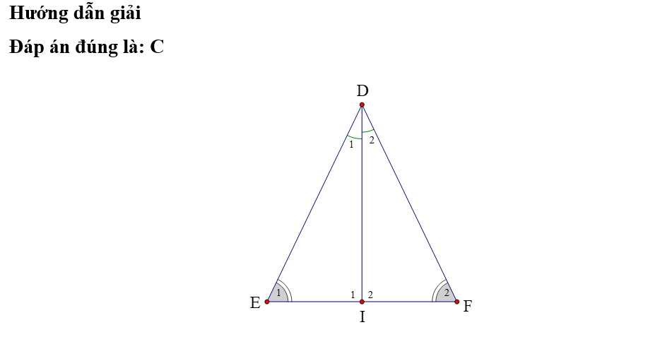 Cho tam giác DEF có góc E = góc F . Tia phân giác của góc D cắt EF tại I. Ta có (ảnh 1)
