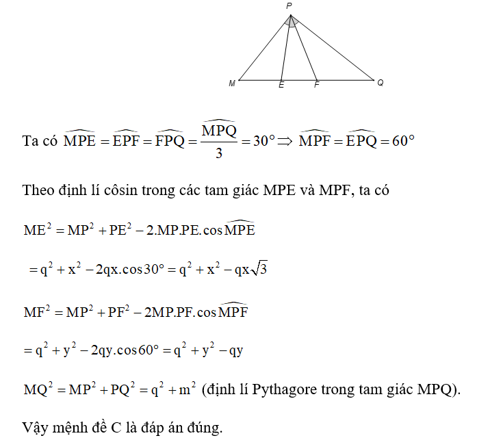 Tam giác MPQ vuông tại P. Trên cạnh MQ lấy hai điểm E, F sao cho các góc MPE, EPF, FPQ bằng nhau. Đặt MP (ảnh 1)