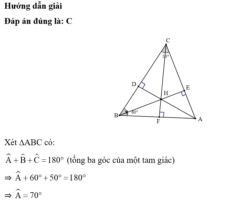 Cho tam giác ABC có góc B=60 độ, góc C=50 độ. Ba đường cao AD, BE, CF cắt nhau tại H. (ảnh 1)