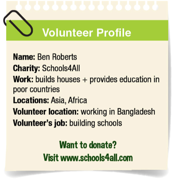 Look at the information and write Ben’s volunteer profile. (Xem thông tin và viết hồ (ảnh 1)