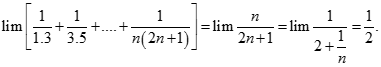 Tính giới hạn: lim [1/1.3 + 1/3.5 + ... + 1/n(2n+1)] A. 1 B. 0 C. 2/3 D. 2 . Chọn B Đặt A = 1/1.3 + 1/3.5 + ... + 1/n(2n+1) (ảnh 3)
