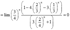 lim 3^n - 4.2^n-1 - 3/ 3.2^n + 4^n bằng A. + vô cùng  B. - vô cùng  C. 0  D. 1 (ảnh 3)